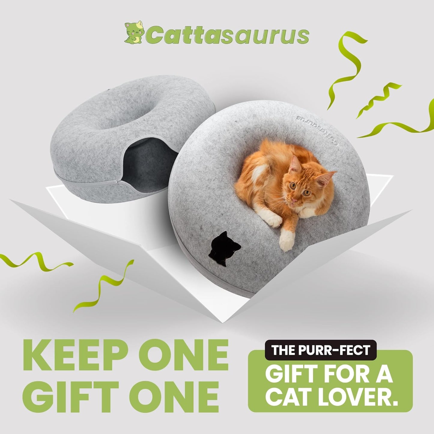 Cattasaurus Peekaboo Cat Cave, Extra Spacious for Multiple & Large Cats 12+ lbs, Scratch Detachable Beds for Indoor Cats, Washable Tunnel Bed, Comfy Cat Donut Tunnel (Light Gray+Light Gray, Jumbo)