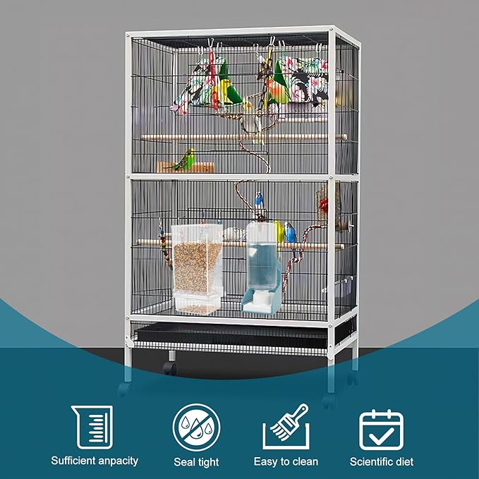 No Mess Bird Feeder Water Dispenser Set, Automatic Parrot Feeder Drinker Cage Accessories, for Parakeets, Cockatiels, Budgies, Macaws, Lovebirds, Canaries - Cage Mounted/External Hanging (Blue)