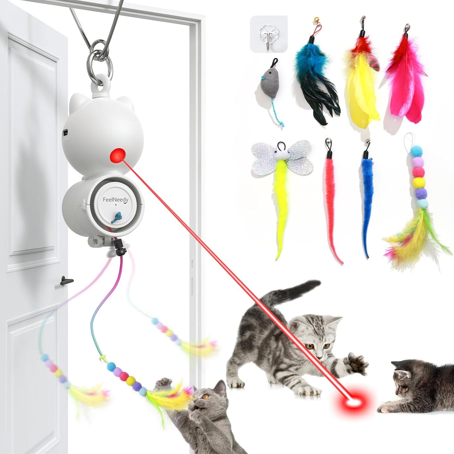 FEELNEEDY Laser Interactive Cat Toys, LED Light, 8 PCS Replacement Teaser with Bell Refills, Feather & Mouse Cats Toy, Hanging Cat Toys for Indoor Cats, for Bored Adult Kitten Exercise, Silver