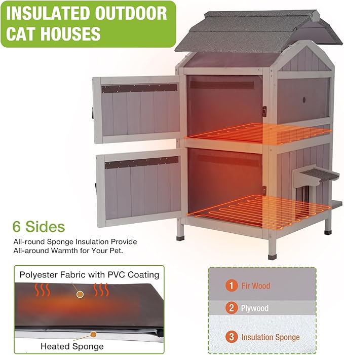 GUTINNEEN Outdoor Heated Cat House, 2-Story Weatherproof Feral Cat Shelter with Escape Doors, Removable Pad & Heating Mat for Winter(AIR94-Heated)