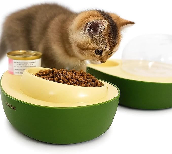 Cat Food and Water Bowl – Avocado Cat Bowl with Water Dispenser Pet Bowl& Small Dogs, Non-Spill, Anti-Choke, Eco-Friendly Dog Feeding Bowl Water Fountain 3-in-1 (Green&Yellow)