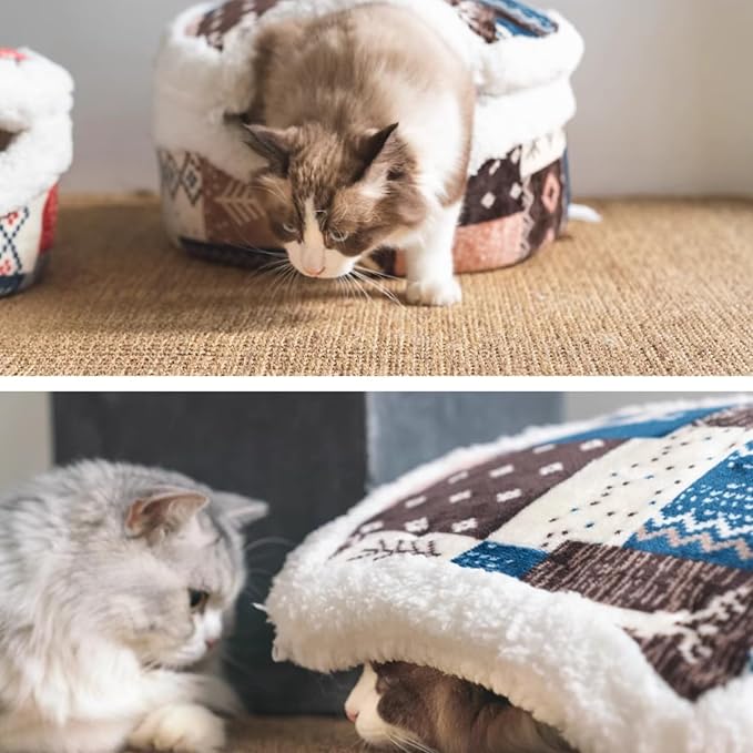 Cat Cave Bed – Plush, Warm & Calming Hideaway with Detachable Lid & Mat, Covered House for Indoor Kitten & Kitty (Snow)