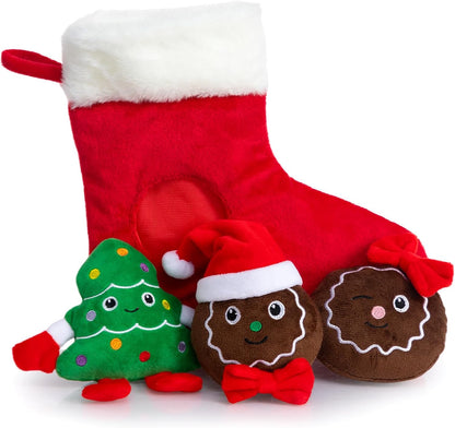 Hollypet Squeaky Dog Toy, Interactive Plush Hide and Seek Dog Toys for Small Medium Sized Dogs and Non-Aggressive Chewers, Puppy Teeth Clean Chew Toys, Christmas Stocking