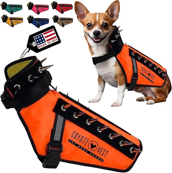 CoyoteVest Dog Harness Protection Vest, Reflective Dog Accessories with Spikes to Shield Your Pet from Raptor and Animal Attacks, Proudly Made in America (XXS, Fluorescent Orange)
