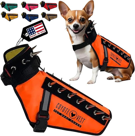 CoyoteVest Dog Harness Protection Vest, Reflective Dog Accessories with Spikes to Shield Your Pet from Raptor and Animal Attacks, Proudly Made in America (XXS, Fluorescent Orange)