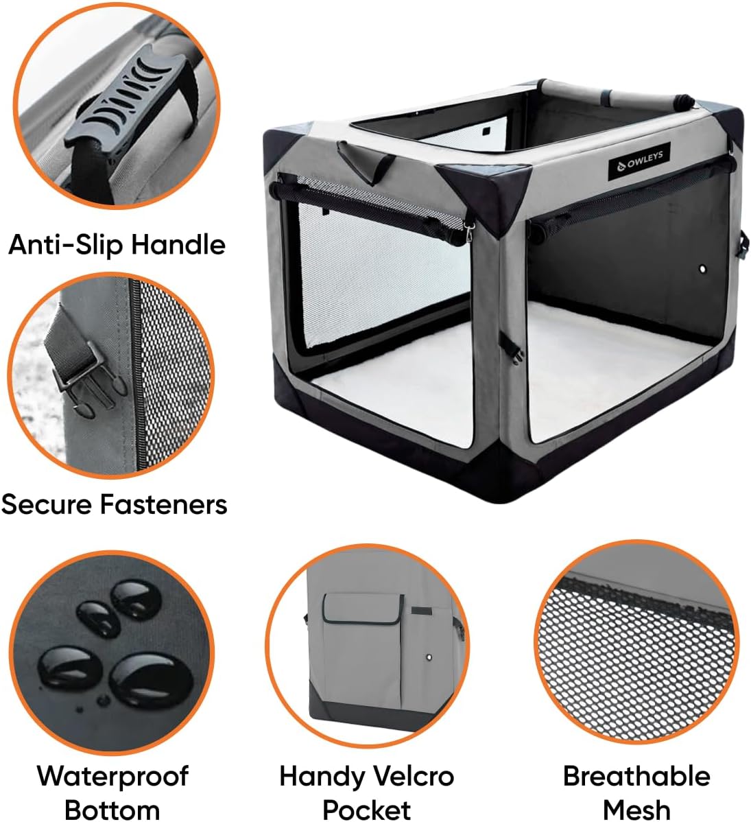 Owleys Dog Crates for Small Dogs – 27.5" L x 20" W x 20.5" H Pop Up Kennel for Medium Dogs, Portable Indoor Pet Crate - Portable with Mesh Windows - Grey Color