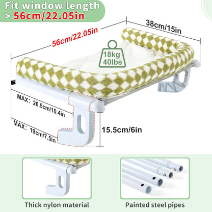 Sunhoo Cat Window Perch Hammock Sturdy Windowsill Bed Seat for Large Cats No Drilling No Suction Adjustable Kitty Shelf with Washable Cover Easy Assembly Holds up to 40 lbs 22.05 * 15 in (Green, S)