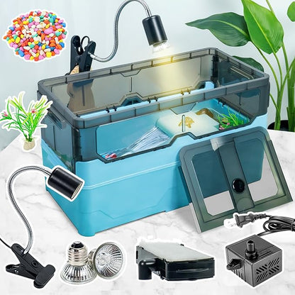Turtle Tank kit with Filter+Water Pump+Heat lamp, Wheels, Easy to Move, Imitate The Natural Flows, Suitable for Small Turtle Horned Frog Hermit (L, Blue)