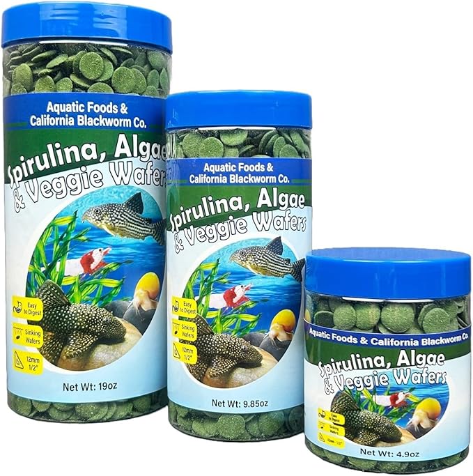 Aquatic Foods Inc. 12mm - 1/2" Small Sinking Wafers of Spirulina, Algae & Veggies for Plecos, Catfish, Shrimp, Snails, Crayfish, 12-Type Pellet Mix & 4-Type Wafer Mix Included 9.85oz Canister