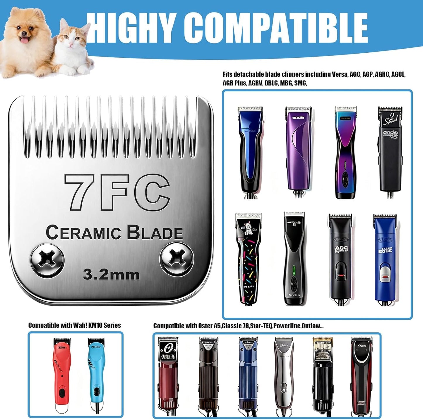 Dog Grooming Replacement Blades Compatible with Andis Dog Clipper, Dog Clipper Blades Compatible with Oster A5,Wahl KM-10 Series Dog Clipper,7FC Blades (3.2mm)
