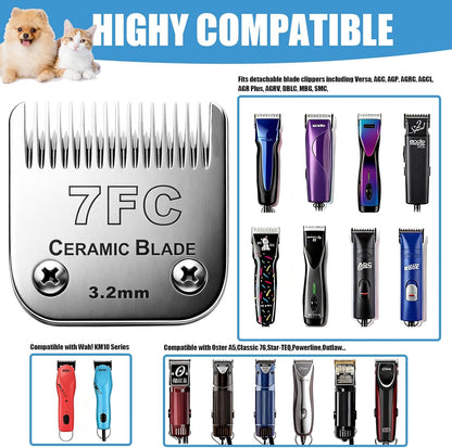 Dog Grooming Replacement Blades Compatible with Andis Dog Clipper, Dog Clipper Blades Compatible with Oster A5,Wahl KM-10 Series Dog Clipper,7FC Blades (3.2mm)