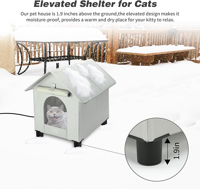 BWOGUE Elevated Heated Cat House for Outdoor Cats in Winter, Waterproof & Insulated Feral Cat Shelter for Outside Cats,Weatherproof Feral Cat House for Outside(Grey)