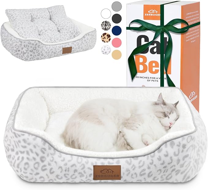 Rectangle Cat Dog Bed for Large Medium Small Pets Indoor Outdoor Machine Washable Sleeping Sofa Non-Slip Bottom Soft Puppy Bed Durable Orthopedic Calming Pet Cuddler (Medium, White Leopard)