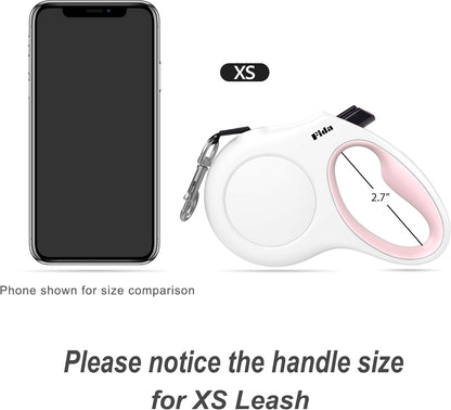 Fida Retractable Dog Leash with Dispenser and Poop Bags, 10 ft Pet Walking Leash for X-Small Dog or Cat up to 18 lbs, Anti-Slip Handle, Tangle Free, Reflective Nylon Tape (XS, White)