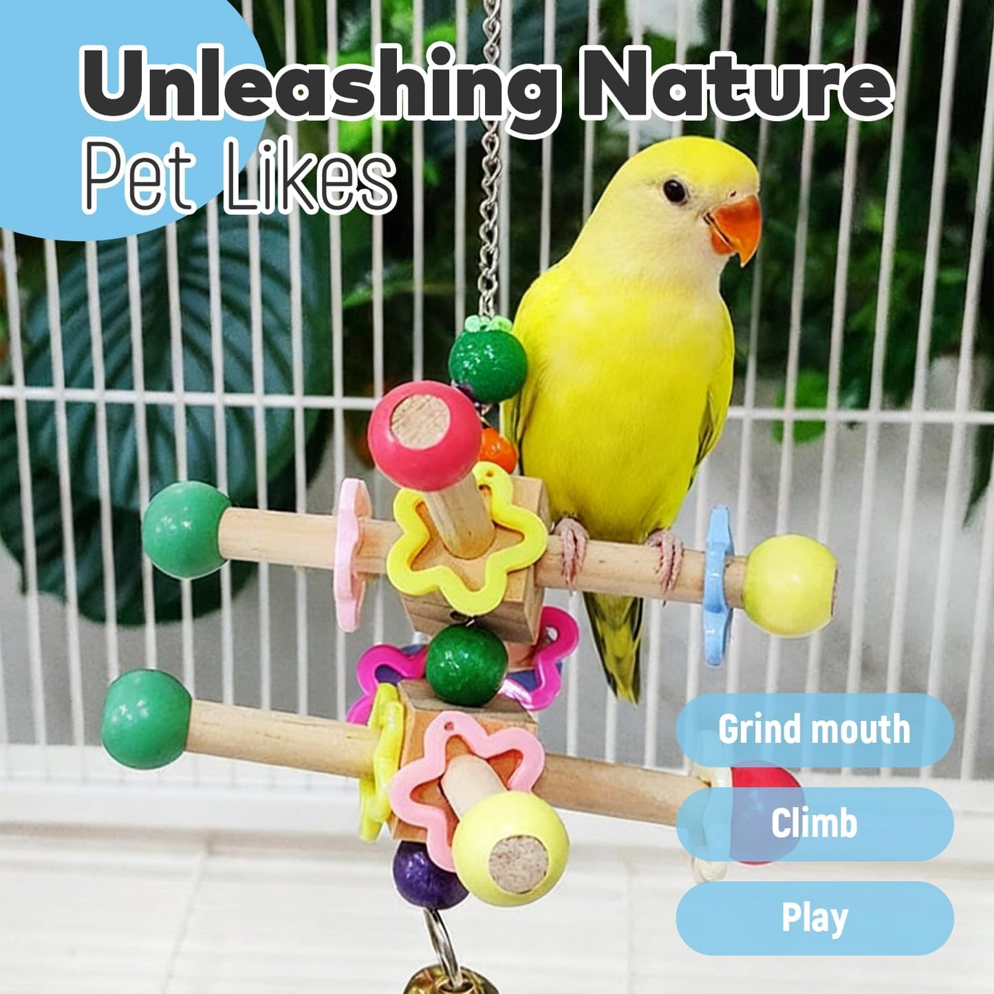 2 Pcs Parakeet Toys, Natural Wood Spinner with Bells, Hanging Cage Accessories for Small Medium Birds to Relieve Boredom and Anxiety