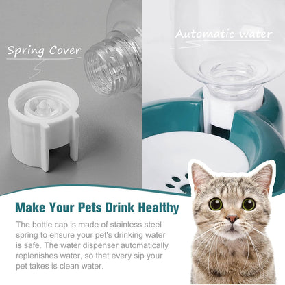 Dog Bowls, Cat Food and Water Bowl Set with Water Dispenser and Stainless Steel Bowl for Cats and Small Dogs - Dark Green