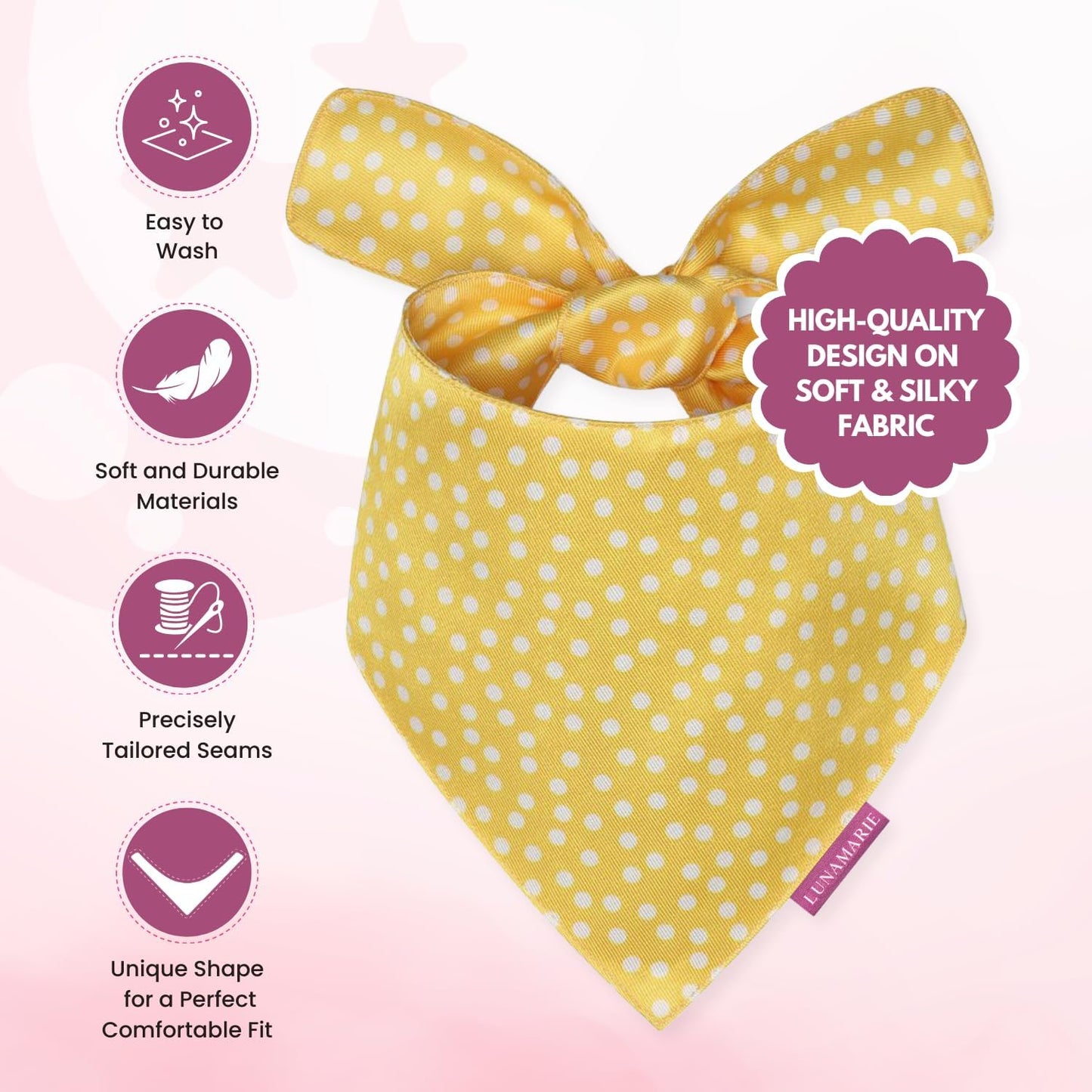 LunaMarie - Luxury Dog Bandanas - Puppy Bandanas Cat Accessories | Premium & Silky Fabric | 100% Handmade Quality | Custom Shape Dual Layered Reversible Small, Medium, Large Cat Scarf (Sophie, Medium)