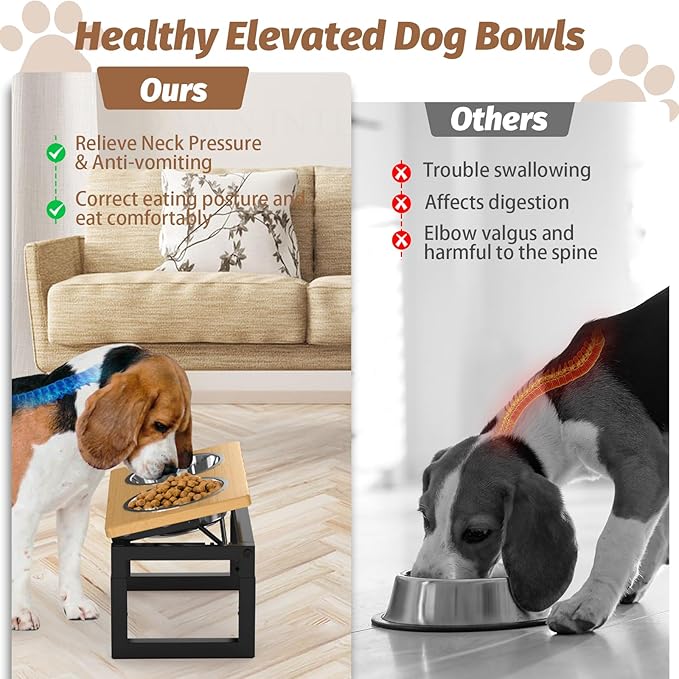 Dog Bowls Elevated, 4 Height & Angle Adjustable Raised Dog Bowl Stand, Elevated Dogs Bowl Stand for Medium Sized Pet, Sturdy Bamboo Dogs Feeding Station with 2X 48oz (6cup) Stainless Steel Dishes