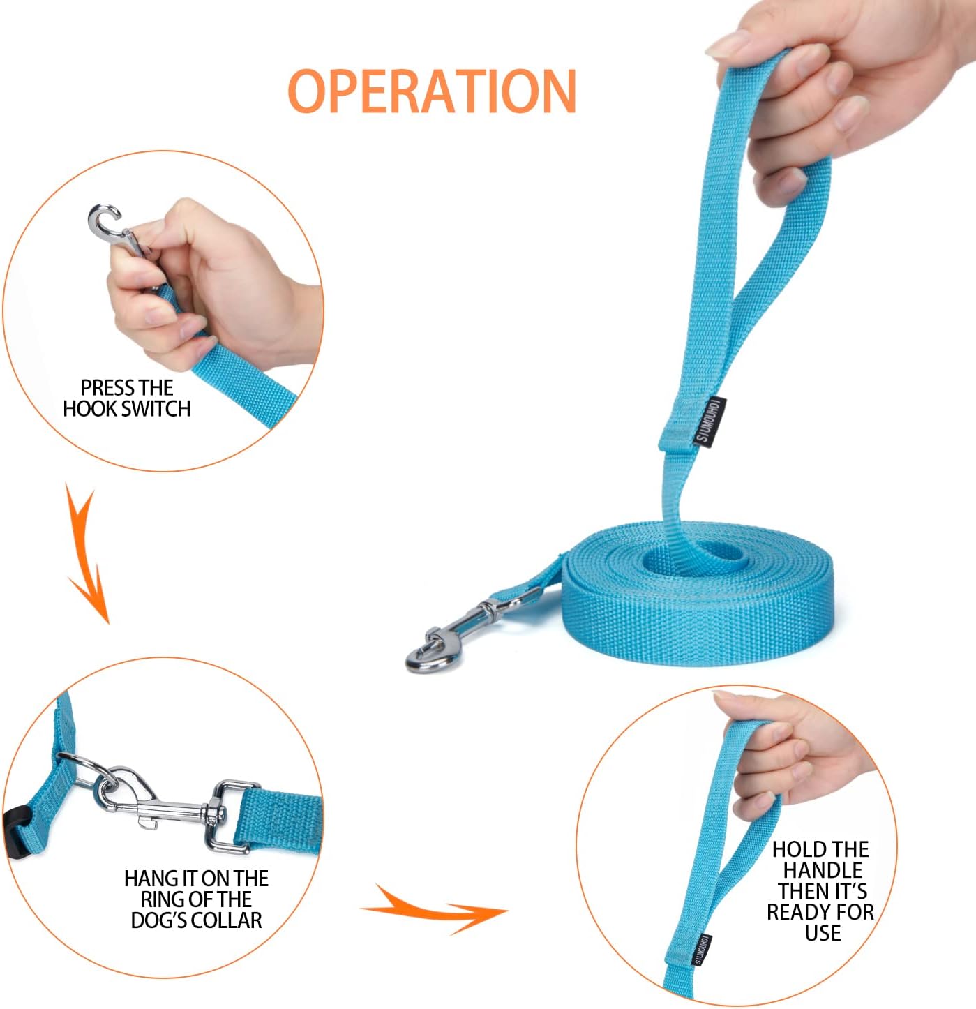 Strong Durable Nylon Dog Training Leash, 1 Inch Wide Traction Rope, 6 ft 10ft 15ft Long, for Small and Medium Dog (Mint Blue, 15 Feet)