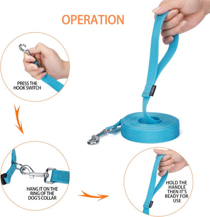 Strong Durable Nylon Dog Training Leash, 1 Inch Wide Traction Rope, 6 ft 10ft 15ft Long, for Small and Medium Dog (Mint Blue, 15 Feet)