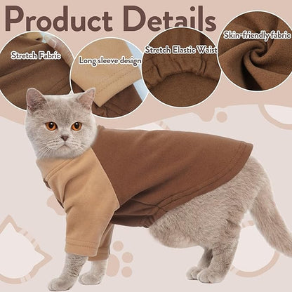 T'CHAQUE Cat Pajamas - Soft Cat Clothes& Shirts & Pajamas with Sleeves, Stretchy Sweater, Pullover Kitten Clothes, Darkbrown, XX-Large