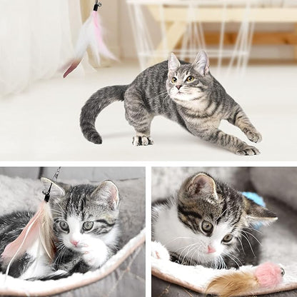 SONGWAY Interactive Cat Feather Toy Set - Retractable Teaser Wand with 6 Pcs Feather Refills with Bell, Cat Wand Toys for Indoor Cats Kittens Play Chase Exercise, Light Pink