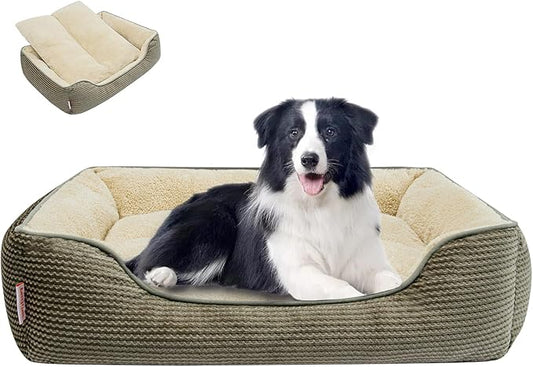 Miguel Dog Bed with Removable Cushion/Pillow for Medium Small Dogs, Washable Pet Bed with Side Easy to Wash Puppy Bed, Large Rectangle Cat Bed for Indoor Cat with Anti-Slip Bottom, Khaki 35 Inch