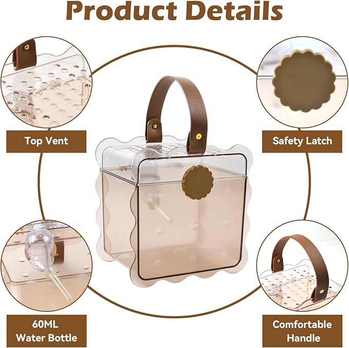 Portable Hamster Carrier Cage,7.87 x 7.87 x 5.51 Inches Dwarf Hamster Carrying Cage with Water Bottle Ventilation Holes Outdoor Hamsters Travel Cages for Mice,Sugar Glider,Gerbils,Rat(Brown)