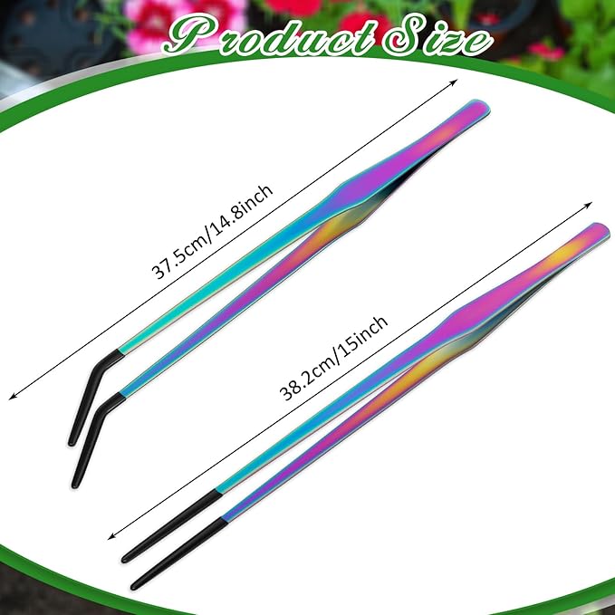 Lasnten 2 Pcs Extra Long Stainless Steel Reptile Feeding Tongs with Rubber Tip Bearded Dragon Aquarium Straight and Curved Long Tweezer Terrarium Feeder Tool for Tank (15 Inch,Colorful)