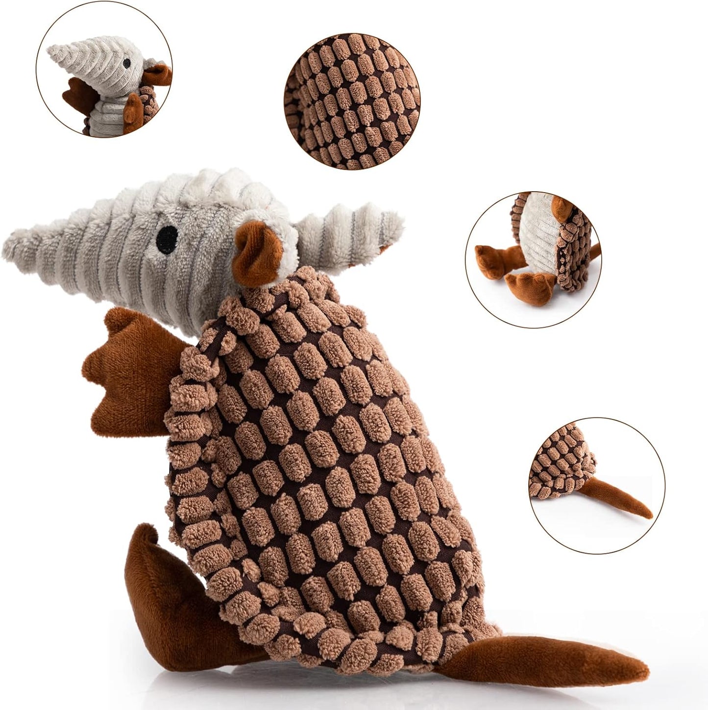 Hollypet Plush Dog Squeaky Toy Stuffed Armadillo Animal Pet Puppy Chew Toys with Clean Teeth for Small Medium Large All Breed Sizes Dogs, Brown, 8 in