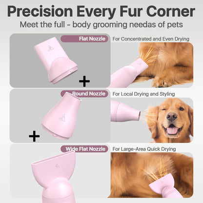 Dog Blow Dryer for Pet Grooming Handheld Lightweight Dog Cat Hair Dryer 3 Speeds 4 Temp, Portable 3HP High Velocity Pet Blower Quiet Dryer for Travel Campaign Home, with 3 Nozzles, Pink