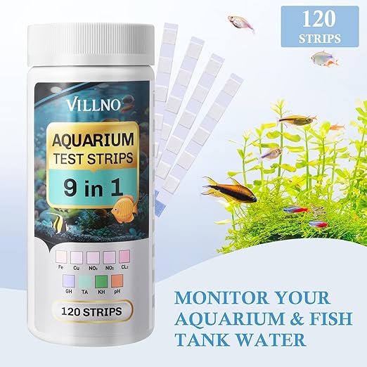 9 in 1 Aquarium Test Strips - 120ct Aquarium Water Test Kit for Freshwater & Saltwater Fish Tank, Testing: Fe, Cu, Nitrate, Nitrite, Chlorine, GH, Alkalinity, Carbonate, PH