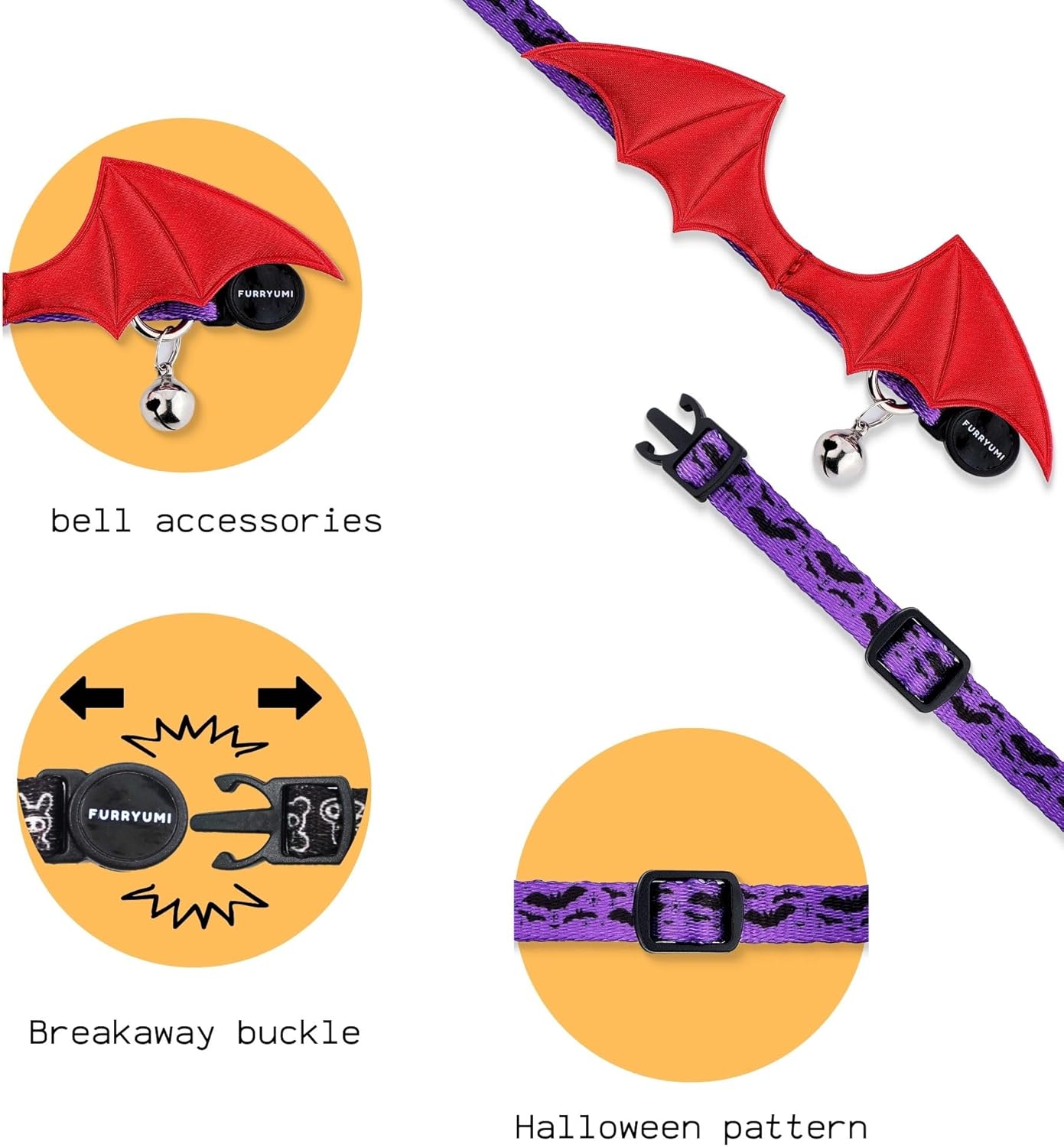 1 PC Bat Wing Cat Collar with Bell, Adjustable Kitten Collar with Safety Breakaway Buckle for Boy&Girl Cats, Halloween Christmas Cat Accessories for Kitten Puppy