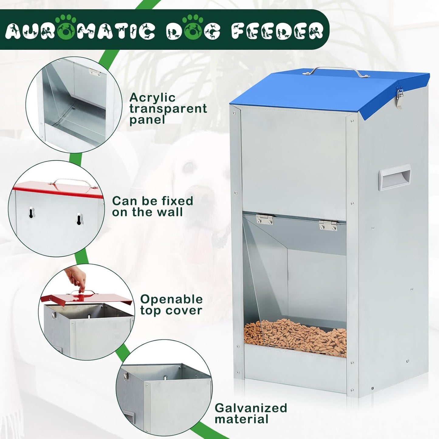 2 Pcs 25 Lbs Large Automatic Dog Feeders with Handle Acrylic Panel Galvanized Gravity Feeder Outdoor Hanging for Doggie Breed Dog Food Dispenser Container(Blue)