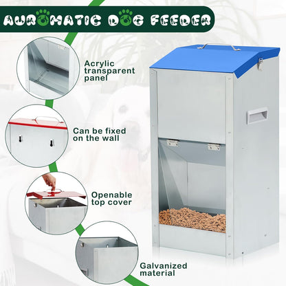 2 Pcs 25 Lbs Large Automatic Dog Feeders with Handle Acrylic Panel Galvanized Gravity Feeder Outdoor Hanging for Doggie Breed Dog Food Dispenser Container(Blue)