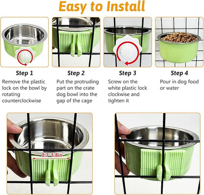 Hamiledyi Crate Dog Bowl Cat - Removable Stainless Steel Hanging No Spill Pet Bowl for Kennels Durable Detachable Design Fits Small Medium Dog Cages (2 Pcs, Green
