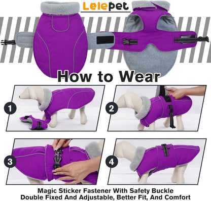 Lelepet Warm Dog Winter Coats for Large Dogs Waterproof Dog Jacket Reflective Pet Fleece Vest Windproof Cold Weather Coats with Adjustable Buckle & Leash Hole, Purple, XXL
