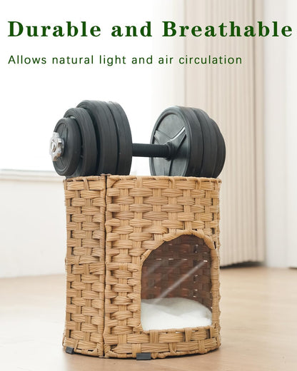 Cat House for Indoor Cat, Small Cat Houses Handwoven PE Rattan Kitten Cave, Pet Kitten Bed Covered, One Bed Pad, 13 x 13 x 13.7 Inches, Foldable Hideaway in Living Room Gray