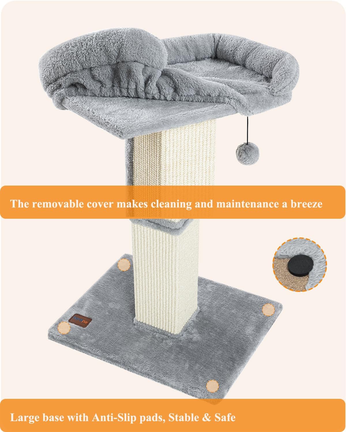 32" Cat Scratching Post for Indoor Cats, Sisal Cat Scratcher with Plush Perch, Large Scratch Post with Bed, Removable Cover, Sisal Fabric,Light Grey