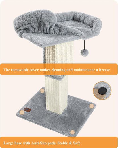 32" Cat Scratching Post for Indoor Cats, Sisal Cat Scratcher with Plush Perch, Large Scratch Post with Bed, Removable Cover, Sisal Fabric,Light Grey