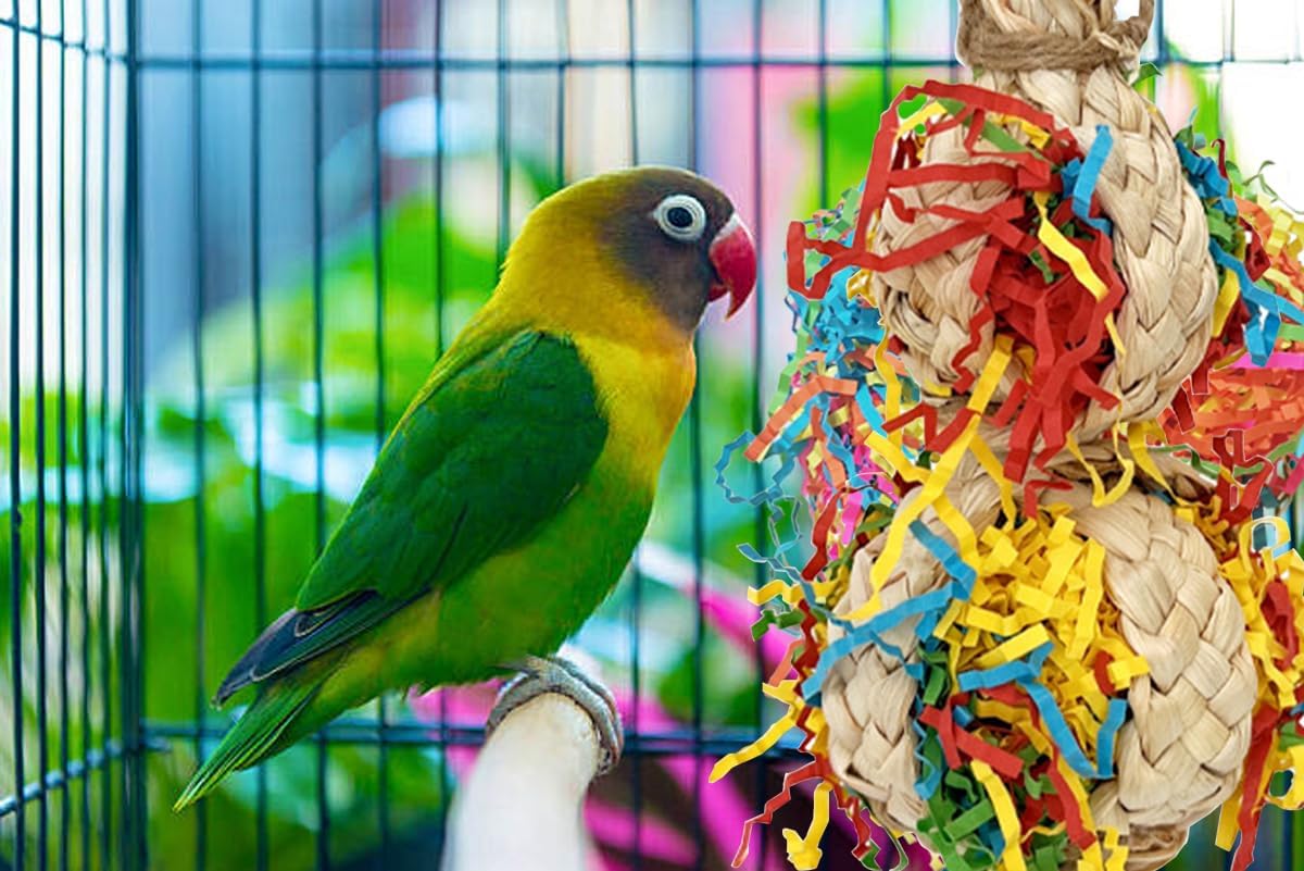 2PCS Bird Foraging Toys, Parrot Shredding Chewing Shredder Hanging Toys, Parakeets Shredded Paper Bird Cage Accessories Toy for Small Parrots, Conures, Love Birds, Cockatiels