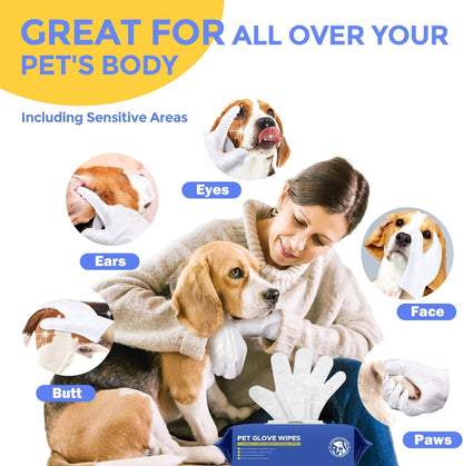Pet Cleaning Glove Wipes for Dogs & Cats, Hypoallergenic Deodorizing Disposable No-Rinse Grooming Wipes, Extra Thick Bathing Wipes,Perfect for Pet Dry Cleaning,Daily Care and Travel,48 pcs