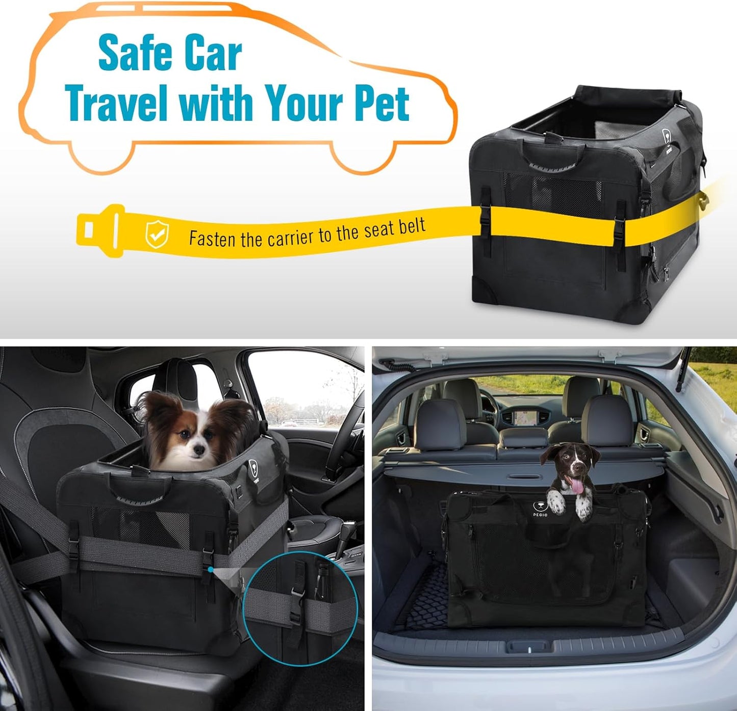 Extra Large Cat Carrier for Car Travel, Pegic Soft Sided Collapsible Pet Carrier for Outdoor and Indoor Uses, Roomy Cat Carrier for 2 Kittens, Large Cat or Puppies Up to 50lbs (Black)