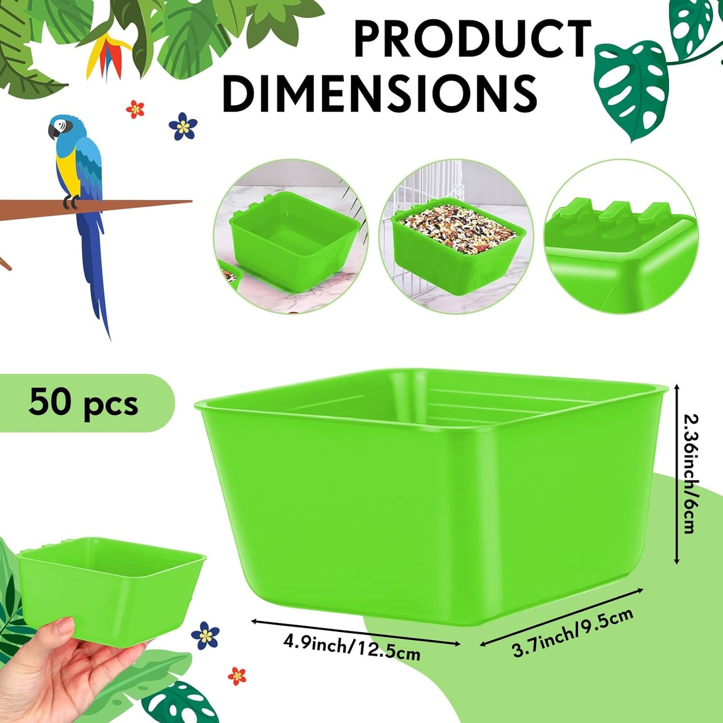 Maxdot 50 Pcs Cage Cups Chicken Feeder Cups 16 oz Hanging Bird Food Water Bowl Bunny Cage Feeding Dish for Pet Parrot Rooster Parakeet Gamefowl Poultry Pigeon(Green)