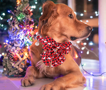 DOGWONG Christmas Dog Collar with Sailor Bow, Red Plaid Deer Dog Collar Soft Durable Adjustable Cotton Puppy Collar for Small Medium Large Dog
