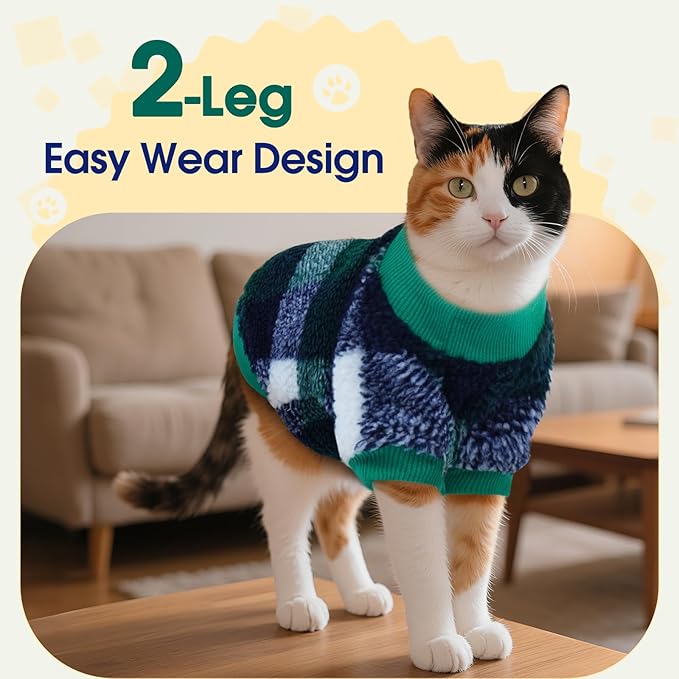 DENTRUN Cat Sweater Winter Clothes - Plush Fleece Coat with Cotton Lining, Anti-Static, Front Legs Kitten Pajamas, Stretch Ribbed Cuffs for Warmth, Cozy Christmas Outfit for Small Medium Large Cats