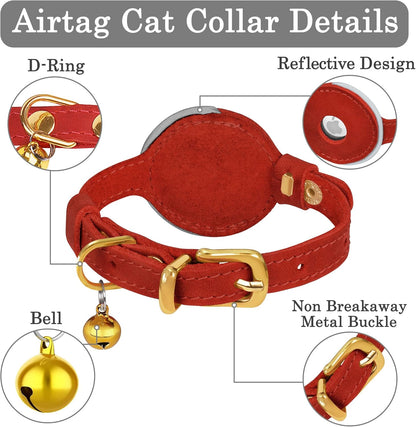 OOPSDOGGY Reflective Leather AirTag Cat Collar with Bell - Non Breakaway Adjustable Pet Collar with Apple Air Tag Holder - Lightweight GPS Kitten Collars for Small Dogs Puppy (Red)
