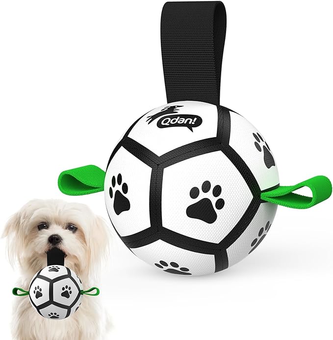 QDAN Small Dog Toys, Puppy Balls, Dog Balls with Straps for Small Breed, Soccer Ball for Dogs, Puppy Toys, Dog Birthday Gift (Black Green, 3.5 inch)