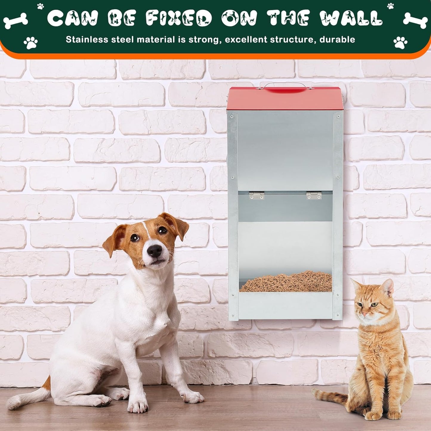 2 Pcs 12 Lbs Large Automatic Dog Feeders with Handle Acrylic Panel Galvanized Gravity Feeder Outdoor Hanging for Doggie Breed Dog Food Dispenser Container(Red, No Wheels)