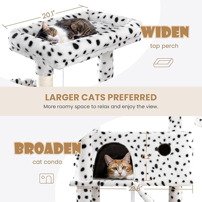 SHA CERLIN 81in Multi-Level Tall Cat Tree Tower for Indoor Kitties/Larger Cat Condo Furniture with Hammock/Cozy Pussycat Perches/Sisal Scratching Posts/Pet House/Wide Base/White & Black Spot